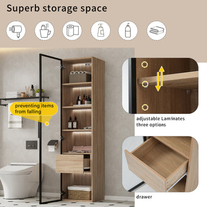 Badezimmerschrank, mittel, mit Lichtleiste, 40 cm breit, mit 1 großen Schubladen und 1 Türen, Glastür