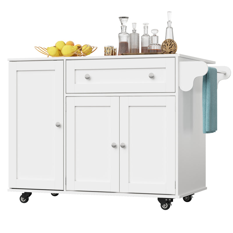 Küchenwagen, herausnehmbarer Speisewagen mit klappbarer Tischplatte, Schranktür mit Snack-Regal, verstellbare Trennwände, 1 Schublade, 4 Räder (2 feststellbar), weiß (105,5*40-60*83cm)