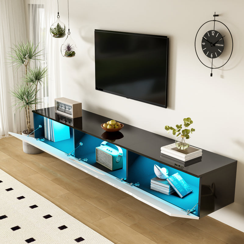 Schwarz-weißer TV-Schrank, 180 cm lang, Hochglanzoberfläche, mit 16-farbiger LED-Beleuchtung, wandmontierbar