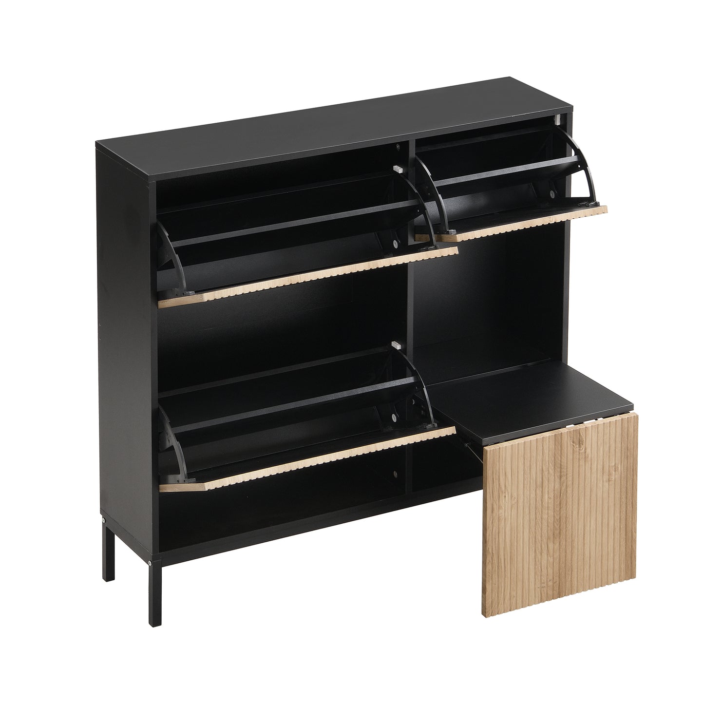 Schuhschrank mit Schuhwechselhocker, dreifach klappbarem Schuhregal und offenem Stauraum, geeignet für Flure, Schwarz + Holzfarbe