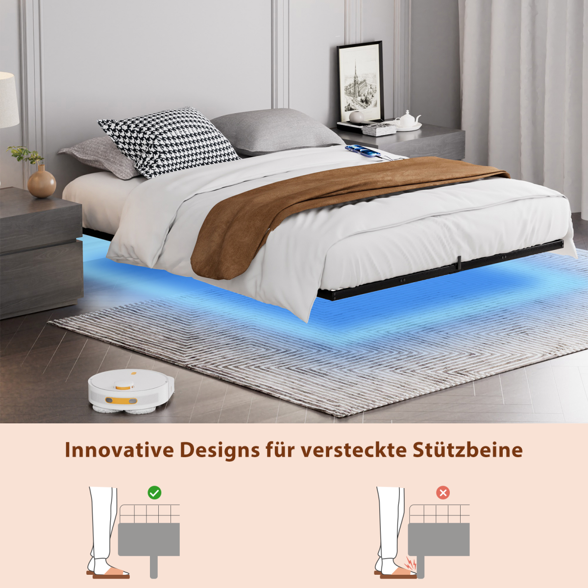 Schwebebett 160x200 Schwarz, Metallbett mit RGB LED (App & Musik Sync), Ladestation (USB/Typ-C), 450kg Traglast