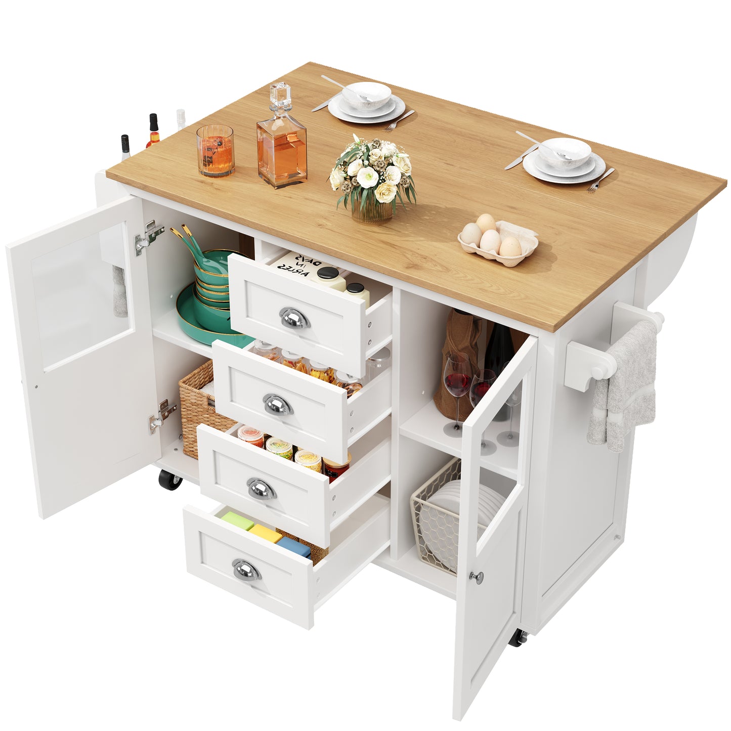 Kücheninsel,Küchenschrank,Buffetschrank,120x73(45)x93cm,ausziehbarer Küchenwagen mit Rollen, Handtuchhalter, Gewürzregal, verstellbaren Einlegeböden, zwei Türen, vier Schubladen, weiß