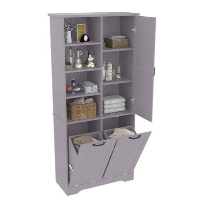 78 x 35 x 172 cm Badezimmerschrank, feuchtigkeitsbeständige Farbe, doppelter Wäschekorb, vier offene Fächer, eine Tür, drei Fächer in der Tür, verstellbare Regale, viel Stauraum, Grau