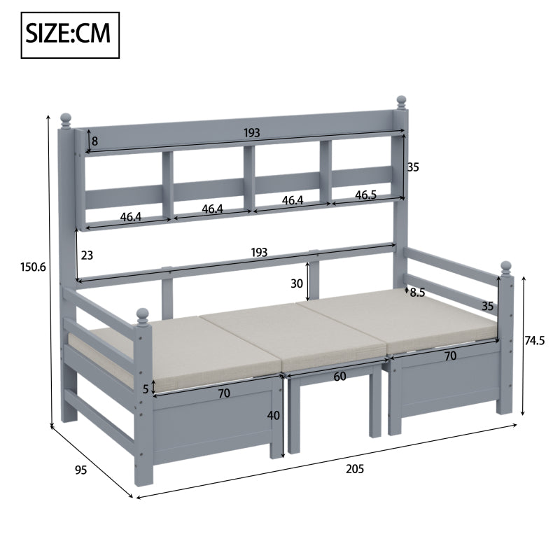 Multifunktionales Massivholz Schlafsofa 200x90 cm, 2-in-1 Bett und Schreibtisch, Frei Umbaubar, Mit Bücherregal Zur Aufbewahrung, Mit Bequemen Kissen, Gästebett Einzelholzbett, Grau