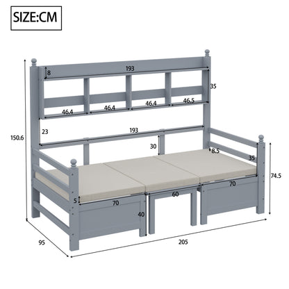 Multifunktionales Massivholz Schlafsofa 200x90 cm, 2-in-1 Bett und Schreibtisch, Frei Umbaubar, Mit Bücherregal Zur Aufbewahrung, Mit Bequemen Kissen, Gästebett Einzelholzbett, Grau