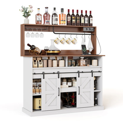 Kaffeebar 120 cm mit Gläserhalter & Steckdosen, Sideboard im Landhausstil mit Schiebetüren – Weiß/Natur