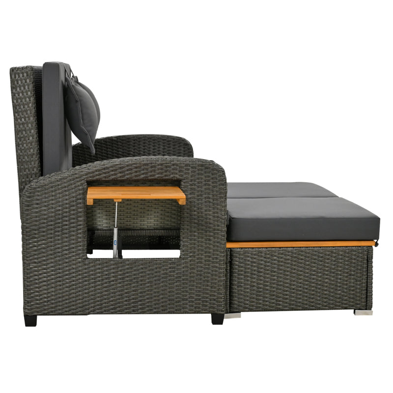 Garten-Lounge-Sessel-Set für 2 Personen, graues Rattan, verstellbare Rückenlehne, Stützfuß, mit Fußhocker oder als Outdoor-Bett nutzbar, mit Rückenkissen und Sitzkissen (previous sku:HW24020AAA)