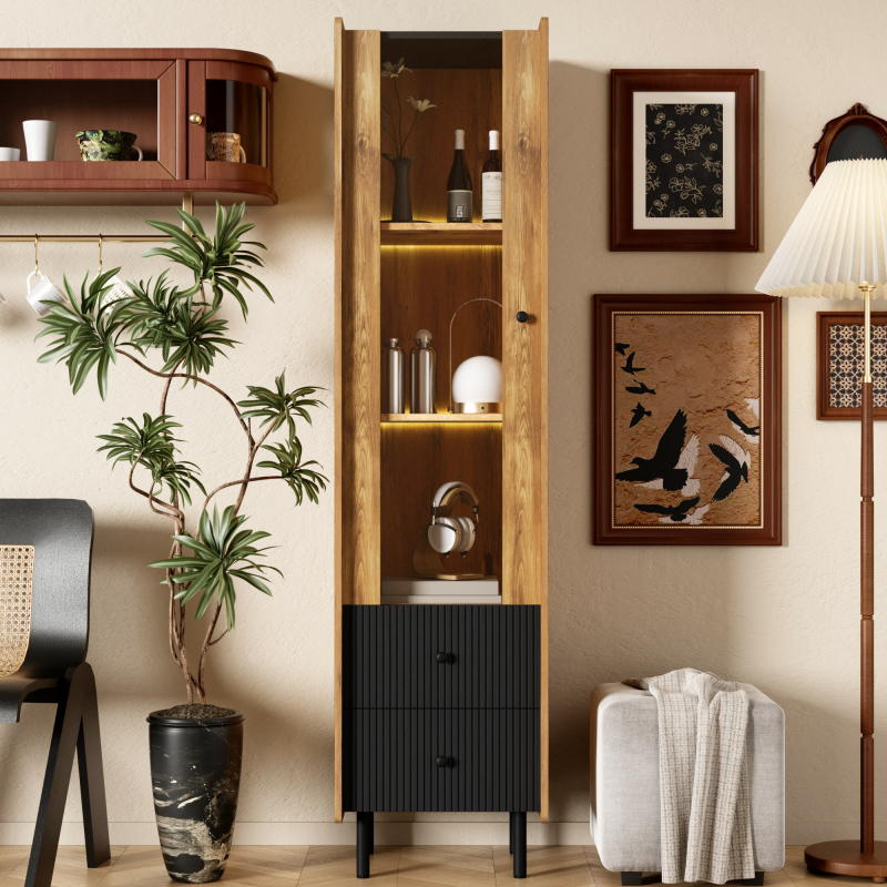 Sideboard, Hochschrank in schwarzer Holzmaserung – 180 x 44 x 40 cm mit Glastür, gelbem LED-Licht, 2 Schubladen