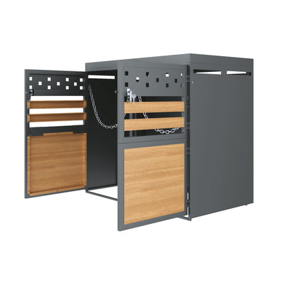 Mülltonnenbox 2er mit Pflanzdach, 120-240 Liter, Anthrazit  Tür in Holzoptik inkl. Erweiterungsmöglichkeit ,Aufbewahrungsbox für Mülltonnen, Müllbox (Das Produkt enthält keinen eingebauten Mülleimer)