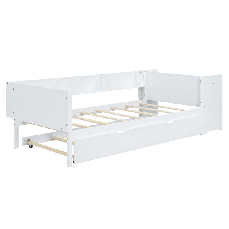 90*200cm, Flachbett, mit ausziehbarem Bett, mit Schreibtisch, drei Regale an der Seite des Bettes,  Weiß
