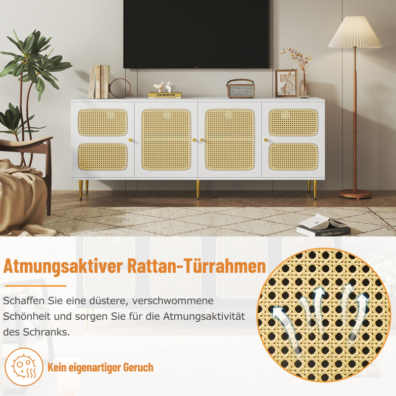 Eleganter Weißer Rattan-TV-Schrank 180x40x72 cm - Mit 4 Rattantüren, Höhenverstellbaren Regalen und Kabelmanagement, Für bis zu 80 Zoll Fernseher,TV-Schränke,Lowboards