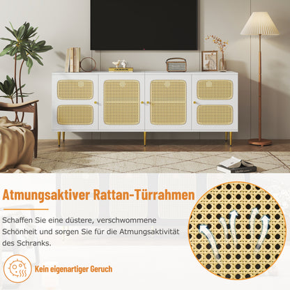Eleganter Weißer Rattan-TV-Schrank 180x40x72 cm - Mit 4 Rattantüren, Höhenverstellbaren Regalen und Kabelmanagement, Für bis zu 80 Zoll Fernseher,TV-Schränke,Lowboards