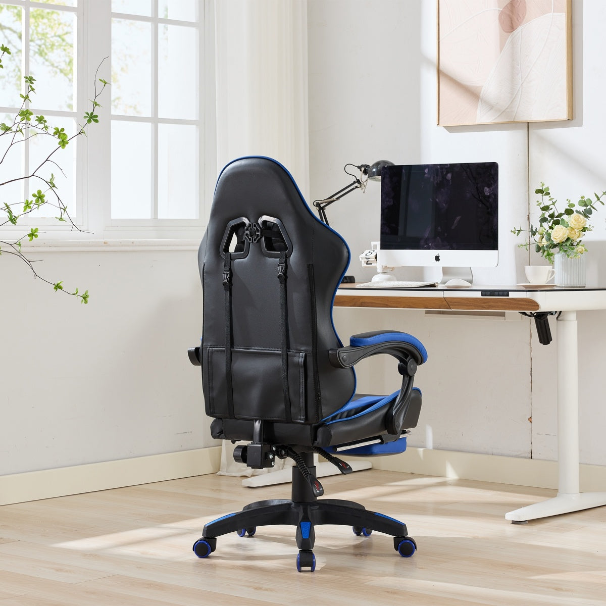 Gaming Stuhl Racing Design, 155° Liegefunktion, Fußstütze, Lendenmassage, Schwarz-Blue