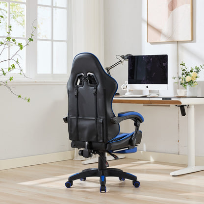 Gaming Stuhl Racing Design, 155° Liegefunktion, Fußstütze, Lendenmassage, Schwarz-Blue