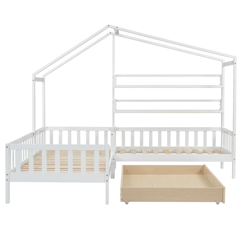 Kinderbett Hausbett mit Schubladen und Regalen, Massivholz mit Zaun und Lattenrost, L-Struktur, Weiß (90x200 cm+140x70cm)