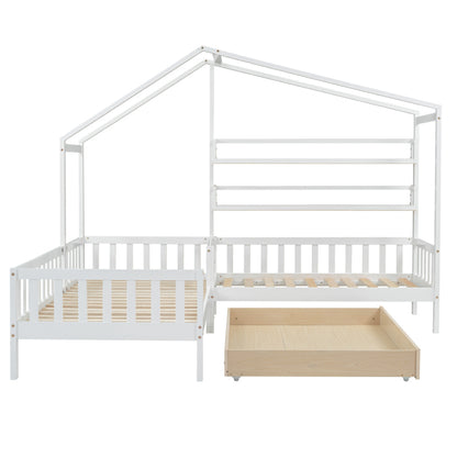 Kinderbett Hausbett mit Schubladen und Regalen, Massivholz mit Zaun und Lattenrost, L-Struktur, Weiß (90x200 cm+140x70cm)
