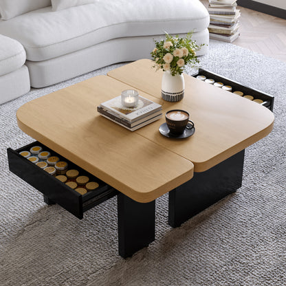 Moderner Couchtisch mit LED-Design aus umweltfreundlichem Holz, 2-in-1-Design, weiche Rundungen, höhenverstellbare Füße