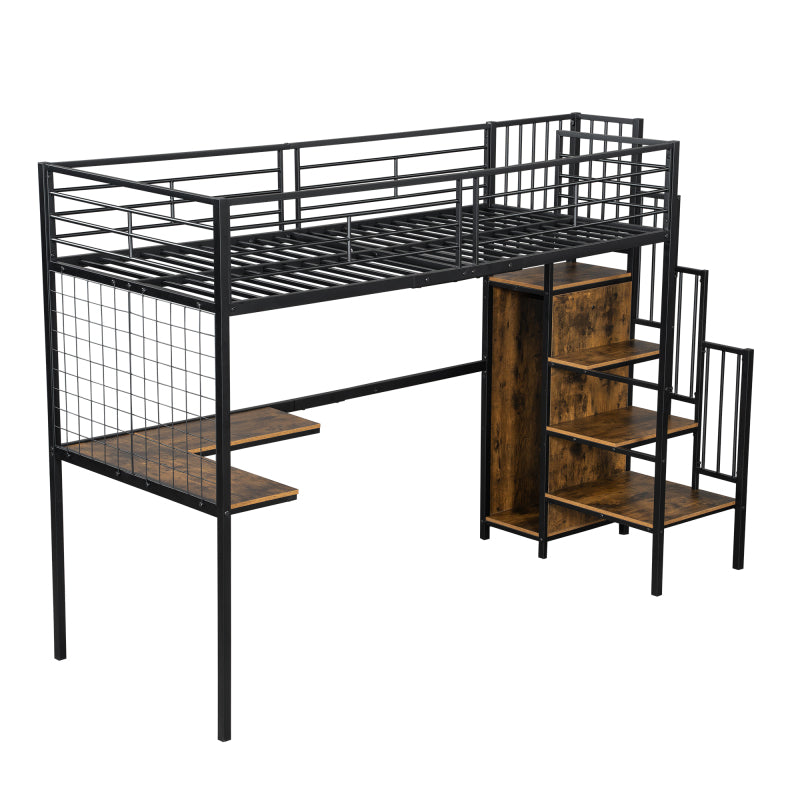 Eisenbett, Etagenbett, Hochbett, Geeignet für Kinder und Jugendliche, mit Tisch und Kleiderschrank, Seitenleiter mit Handlauf, Eisen+Spanplatte, Schwarz+dunkle Holzfarbe, 90x200cm