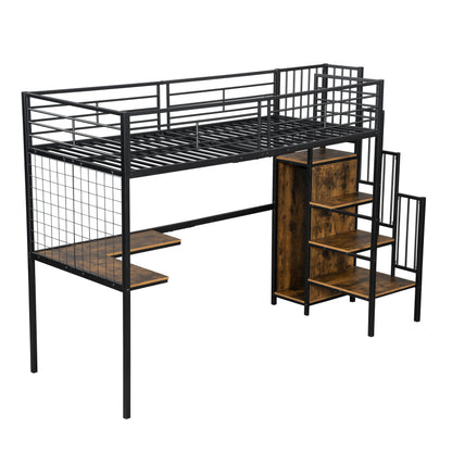 Eisenbett, Etagenbett, Hochbett, Geeignet für Kinder und Jugendliche, mit Tisch und Kleiderschrank, Seitenleiter mit Handlauf, Eisen+Spanplatte, Schwarz+dunkle Holzfarbe, 90x200cm