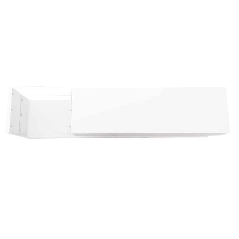 TV-Schränke, niedrige Paneele, hochglänzende weiße Glastrennwände und variable LED-Beleuchtung. Es verbindet natürlichen, rustikalen Stil mit modernem Design.