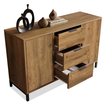 Kommode mit 2 Türen und 3 Schubladen, 120 x 40 x 76 cm in Dunkle Eiche, Verstellbare Ablage, Sideboard Highboard für Schlafzimmer & alle Wohnräume