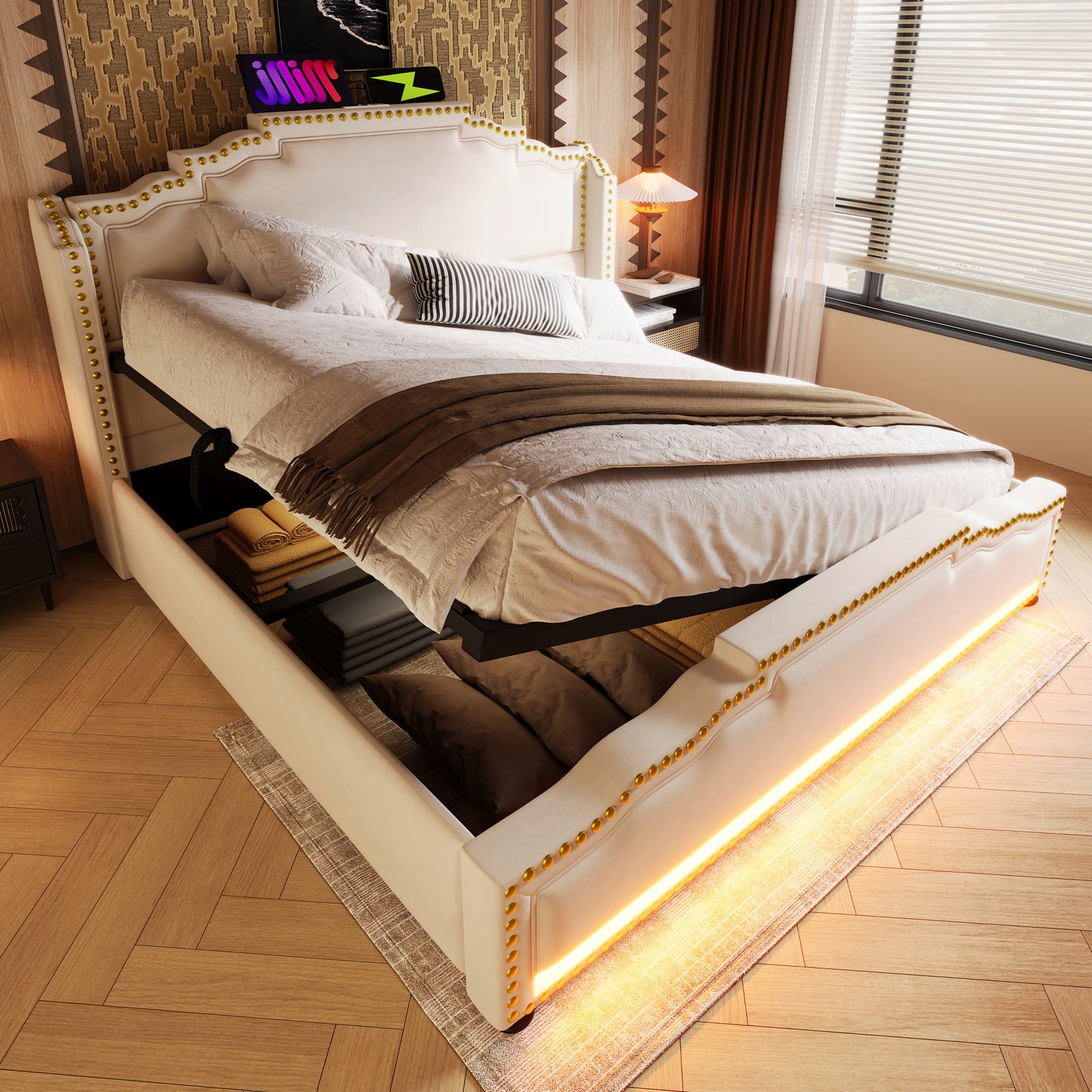 Polsterbett 160x200, Doppelbett mit hydraulischem Stauraum, LED-Beleuchtung und USB-C-Ladeanschluss, Stauraumbett und Jugendbett mit Lattenrost, Samt, Beige, ohne Matratze