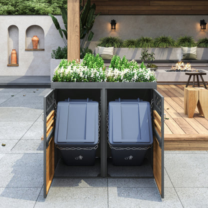 Mülltonnenbox 2er mit Pflanzdach, 120-240 Liter, Anthrazit  Tür in Holzoptik inkl. Erweiterungsmöglichkeit ,Aufbewahrungsbox für Mülltonnen, Müllbox (Das Produkt enthält keinen eingebauten Mülleimer)