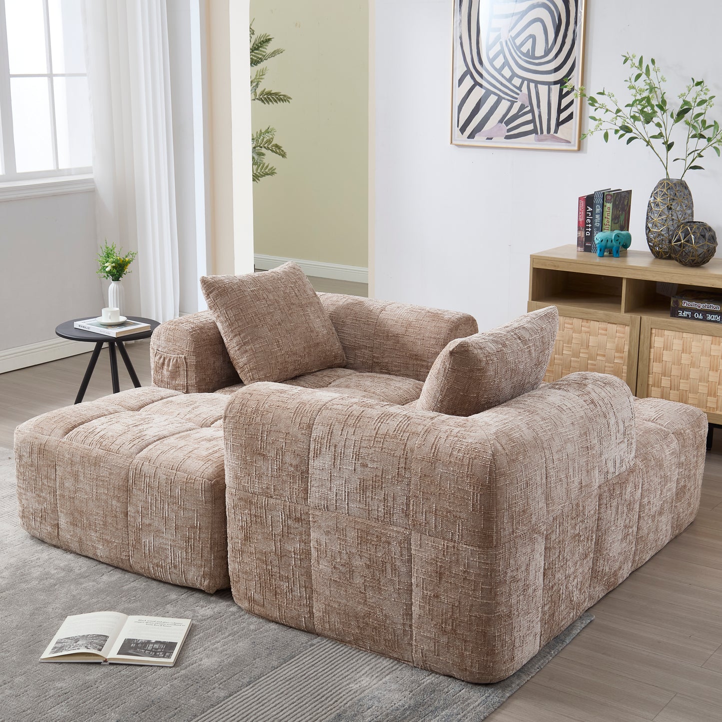 Modernes Sektionssofa, L-Sofa, 3-Sitzer-Sofa, keine Installation erforderlich, Chenille-Sofa mit Chaiselongue und Armlehnen, 3 Kissen, Seitentasche für Fernbedienung, khaki