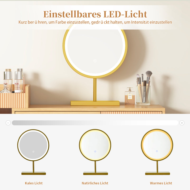 Schminktisch-Set, Kosmetiktisch mit LED-Spiegel und 3-Farbiger Beleuchtung, Schminktisch aus Holz für Schlafzimmerstudio - Maße: B120/H90/T40 cm(ohne Hocker) (Old sku: RN3198724AAA)