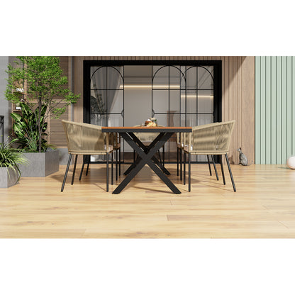 Garten-Essgruppe, 7-tlg, Garten-Lounge-Set aus Seil, 6 Sessel und 1 Tisch, Tisch aus Akazienholz, Mit Fußpolstern und sechs Sitzkissen, abnehmbar und waschbar