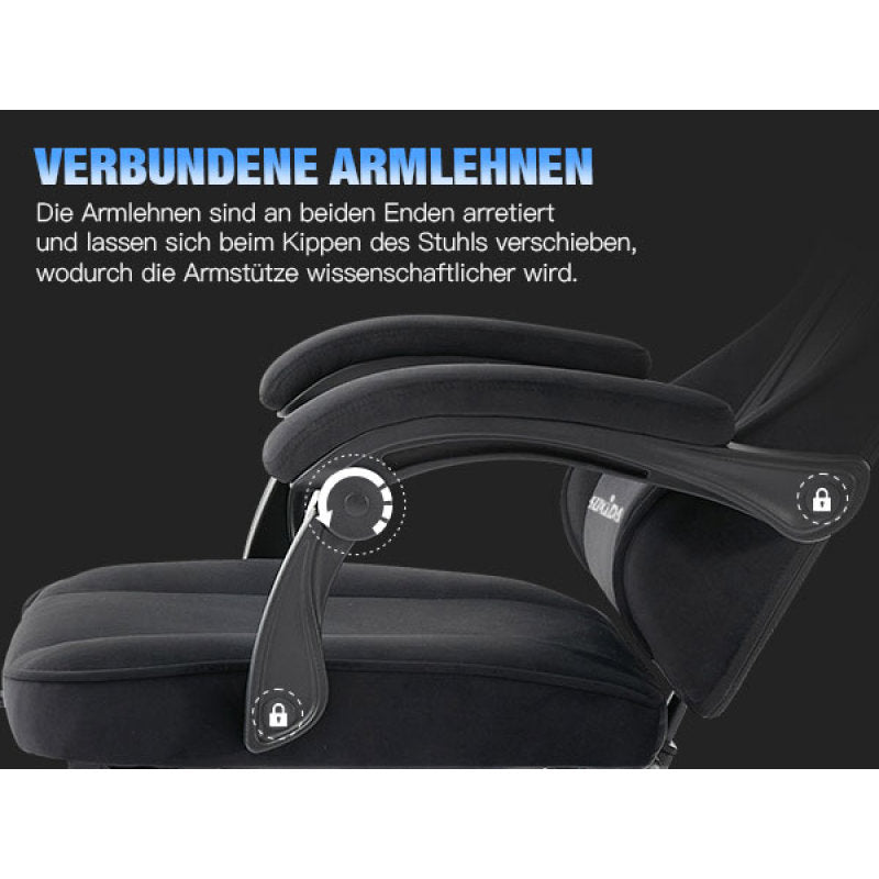 Gaming Stuhl Stoff, Ergonomischer Gaming Chair mit Fußstütze, Verstellbarer Racing Computerstuhl mit Lordosenstütze, Schwarz Ergonomisch PC-Stuhl