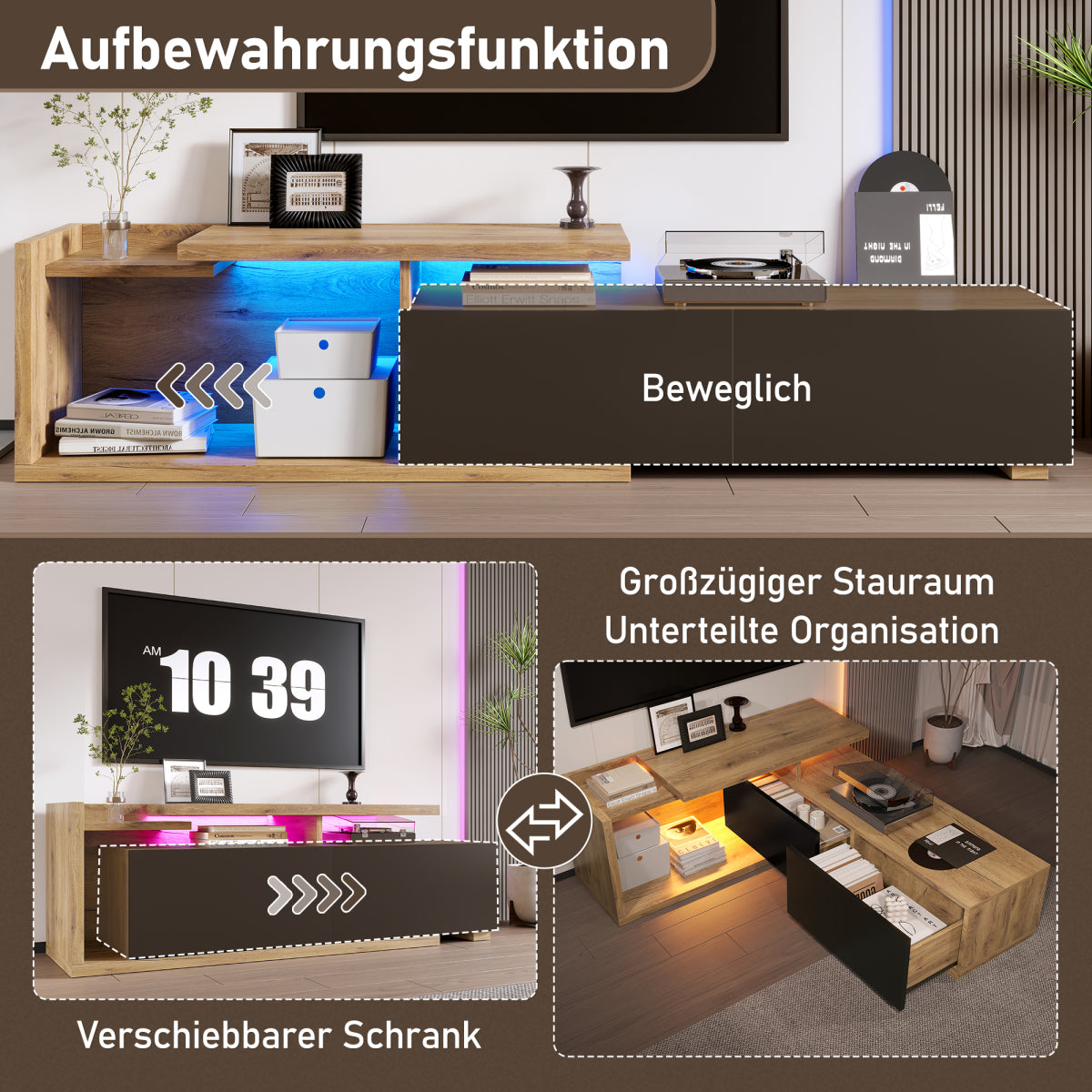 TV-Schrank ausziehbar,  Lowboard Modern mit LED-Beleuchtung