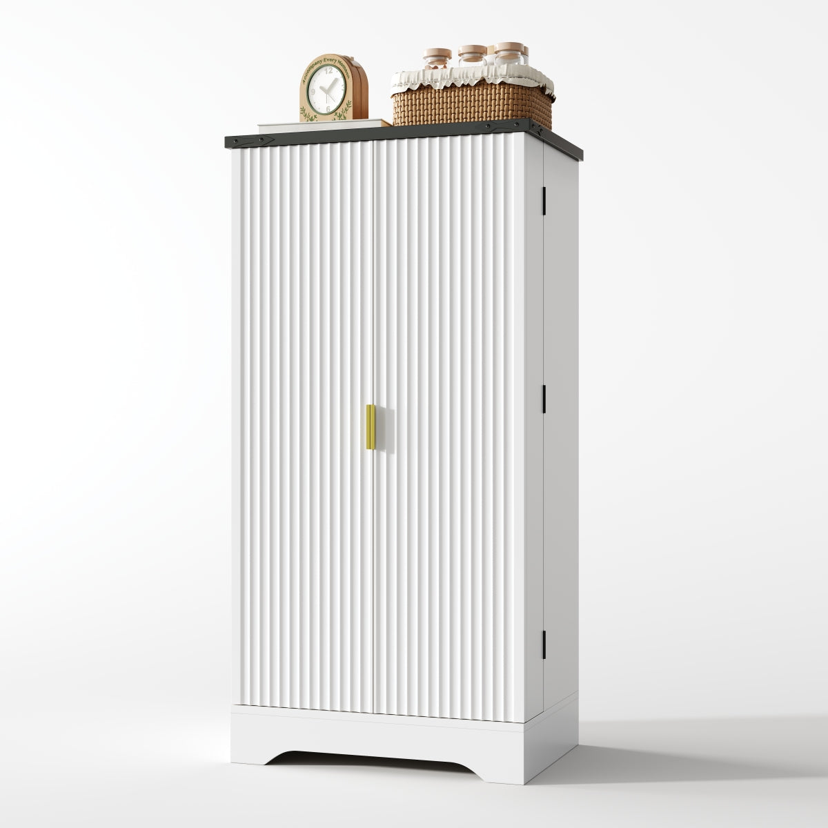 Hochschrank Weiß 120 cm, Buffetschrank mit LED-Sensorlicht, Anrichte mit Gerillten Türen & Türablagen, Goldgriffe