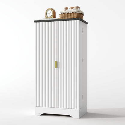 Hochschrank Weiß 120 cm, Buffetschrank mit LED-Sensorlicht, Anrichte mit Gerillten Türen & Türablagen, Goldgriffe