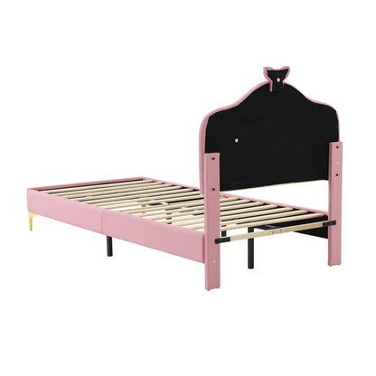 Polsterbett, Einzelbett, Wellenform mit Zugpunkt am Kopfende des Bettes, rosa Schleife, mit mehrfarbigen, wechselnden LED-Streifen, Kinderbett mit Holzlatten, Einzelbett, PU, rosa Bettrahmen, 90x200cm