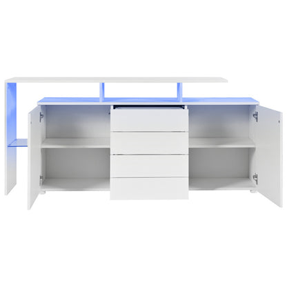 Kommode, Sideboard mit LED, Wohnzimmermöbel in Weiß Hochglanz, Wohnzimmerschrank, Standschrank, TV-Schrank, Wohnzimmerwand, Highboard, Mehrzweckschrank, LED-Vitrine, Buffetschrank Esszimmer