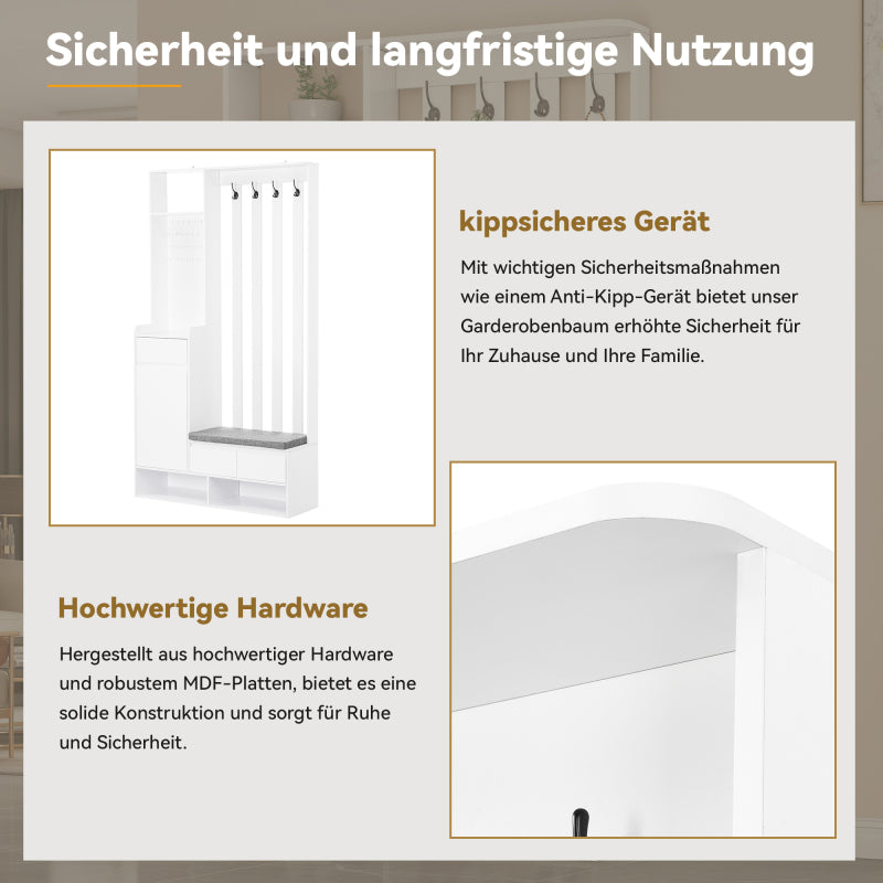 Flurgarderobe mit gepolsterter Aufbewahrungsbank, multifunktionaler Flur-Schuhschrank mit Stecktafel, moderne Garderobe mit 4 Haken für Eingangsbereich, Waschküche, Weiß,H180/B100/T35 cm