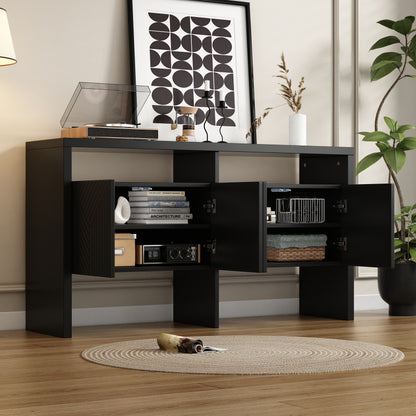Kommode / Sideboard / Flurschrank mit 2 offenen Fächern und 4 Türen, Schwarz