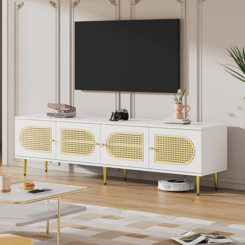 Weißer Rattan-TV-Schrank 180x40x50 cm - 4 Rattan-Türen, verstellbare Einlegeböden und Kabelmanagement für Fernseher bis 80 Zoll, TV-Schrank,Lowboards