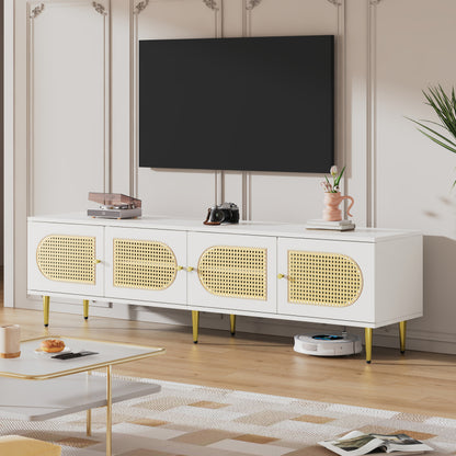 Weißer Rattan-TV-Schrank 180x40x50 cm - 4 Rattan-Türen, verstellbare Einlegeböden und Kabelmanagement für Fernseher bis 80 Zoll, TV-Schrank,Lowboards