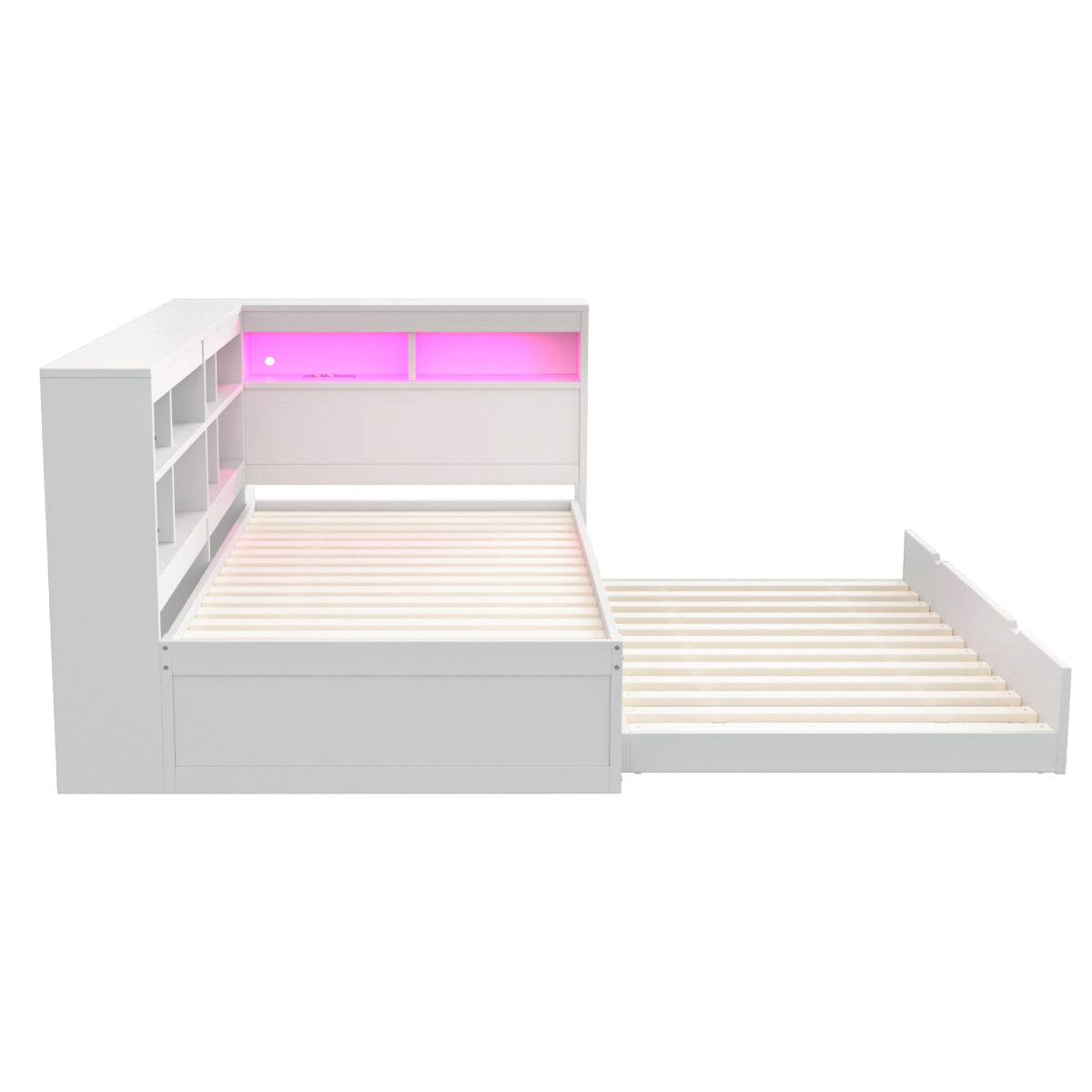 Massivholz-Einzelbett 90x200 Weiß mit Ausziehbett - Multifunktionales Schlafsofa inkl. LED, USB-Steckdose, Regalen & viel Stauraum, Weiß