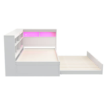 Massivholz-Einzelbett 90x200 Weiß mit Ausziehbett - Multifunktionales Schlafsofa inkl. LED, USB-Steckdose, Regalen & viel Stauraum, Weiß