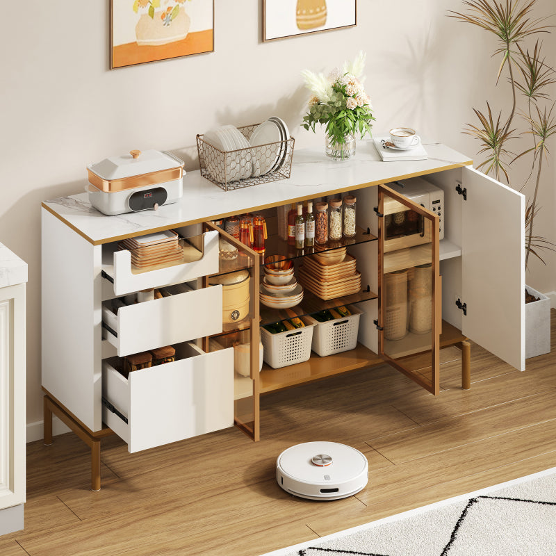Elegantes Sideboard 150Lx40Bx80H cm, weiß, Arbeitsplatte aus Marmor, goldene Zierleiste - Moderner Stauraumschrank mit Glas- und Holzfächern