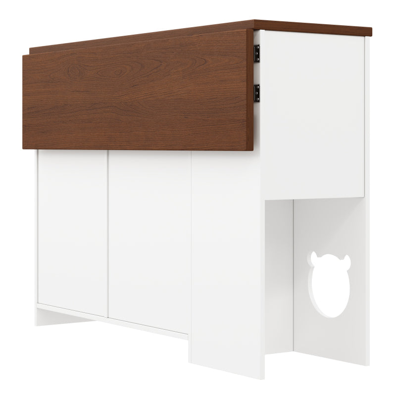 Kücheninsel, Küchenwagen & Sideboard mit Schubladen, Gewürzregal, Haustierfressbereich (ohne Katzensteller), Weiß + Nussbaumfarbe