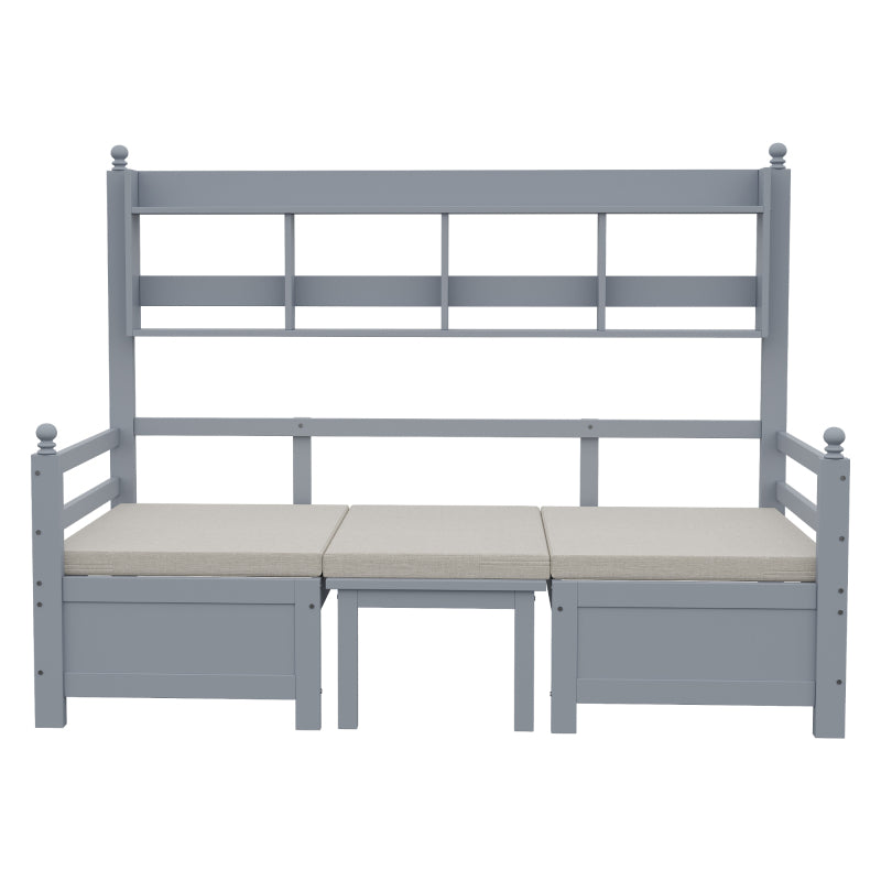 Multifunktionales Massivholz Schlafsofa 200x90 cm, 2-in-1 Bett und Schreibtisch, Frei Umbaubar, Mit Bücherregal Zur Aufbewahrung, Mit Bequemen Kissen, Gästebett Einzelholzbett, Grau