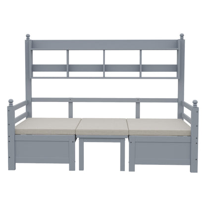 Multifunktionales Massivholz Schlafsofa 200x90 cm, 2-in-1 Bett und Schreibtisch, Frei Umbaubar, Mit Bücherregal Zur Aufbewahrung, Mit Bequemen Kissen, Gästebett Einzelholzbett, Grau