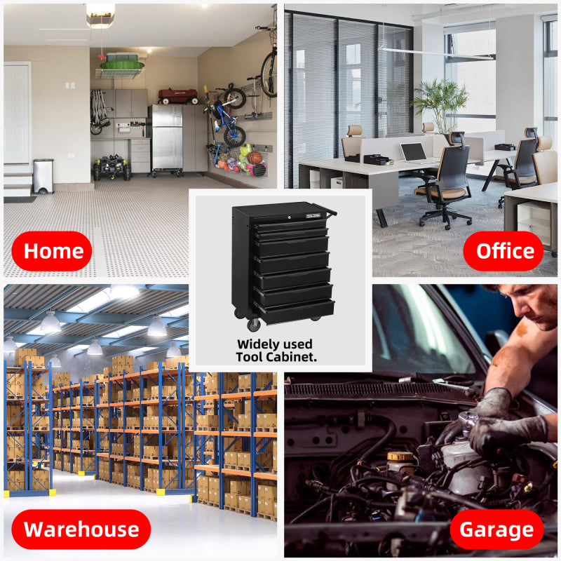 Werkzeugschrank, Werkzeugwagen, 24,2 Zoll, mit 7 Schubladen und Rädern, Werkzeugkasten aus Metall mit Rollen, Schwarz