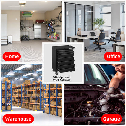 Werkzeugschrank, Werkzeugwagen, 24,2 Zoll, mit 7 Schubladen und Rädern, Werkzeugkasten aus Metall mit Rollen, Schwarz