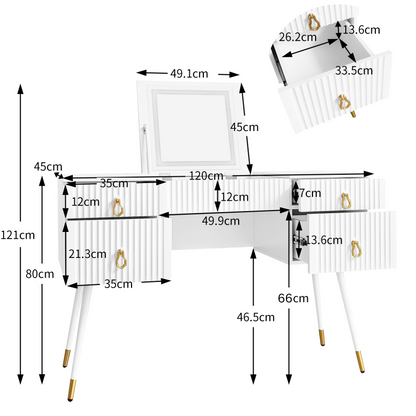 Weißer Schminktisch(Ohne Stühle), Enthält LED-Spiegel mit einstellbarer Helligkeit, luxuriösem vergoldetem Zubehör und mehreren Stauräumen, mit 4 Schubladen, Schreibtisch univer, Weiß