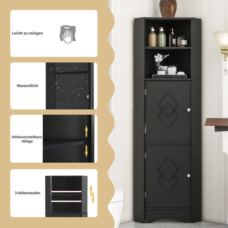 Badschrank, Badmöbel, Eckschrank mit zwei Ablagefächern, offenes Fach mit verstellbarem Einlegeboden, 36.5x 36.5 x 155 cm, schwarz